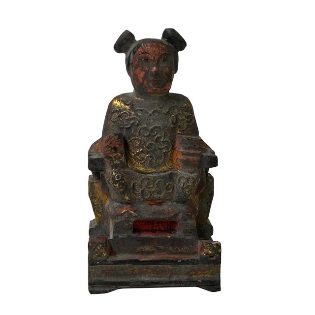 Wood Vintage Chinese Wooden Carved Home Guardian Deity Figure For Sale - Image 7 of 7