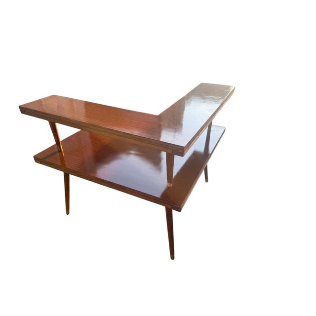 Brown Vintage Mid-Century Modern Architectural Two-Tier Floating Shelf Occasional Table With Walnut Finish & Brass Ferrules For Sale - Image 8 of 9