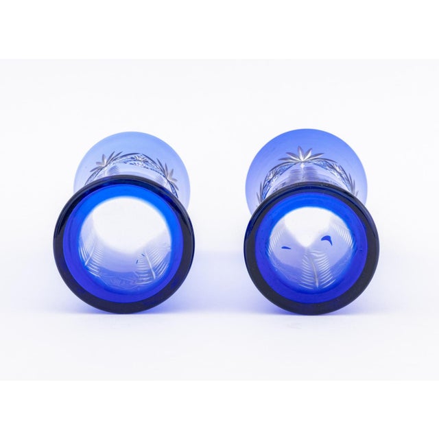 Cobalt Blue Cut Glass Flaring Vases, Pair For Sale - Image 9 of 9