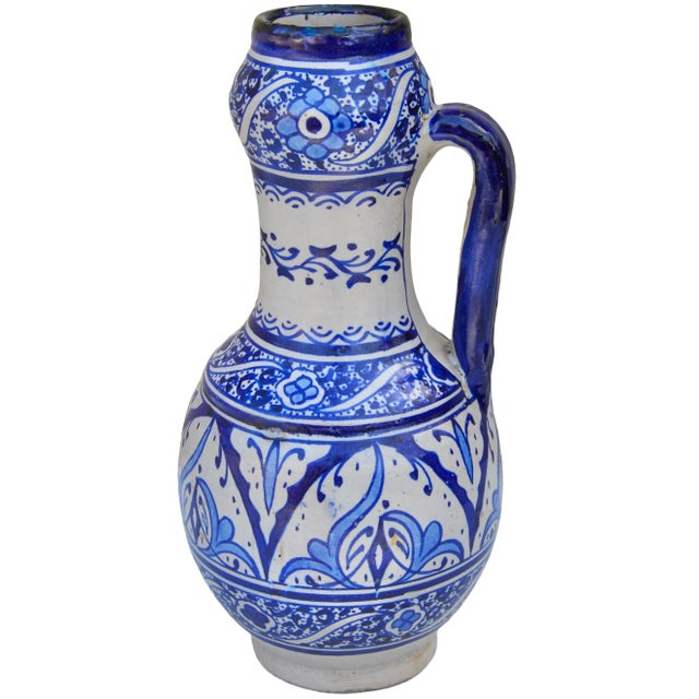 Moroccan Early 20th Century Handmade Moorish Ceramic-Art Vase W/Blue Hues For Sale - Image 3 of 9