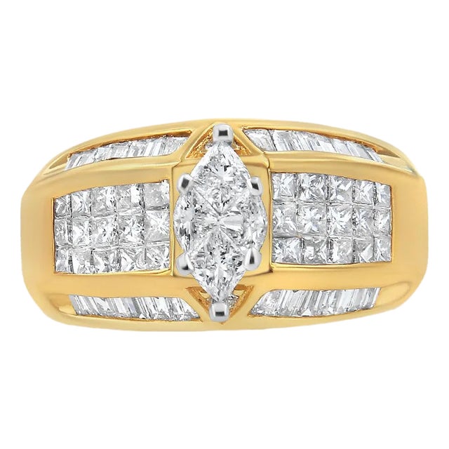 14K Yellow and White Gold 1 3/4 Cttw Round, Baguette, Princess and Pie-Cut Diamond Ring (H-I Color, SI1-SI2 Clarity) For Sale