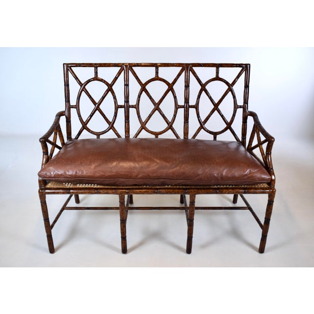 Tortoise Faux Bamboo Caned Settee With Leather Cushion For Sale - Image 14 of 15