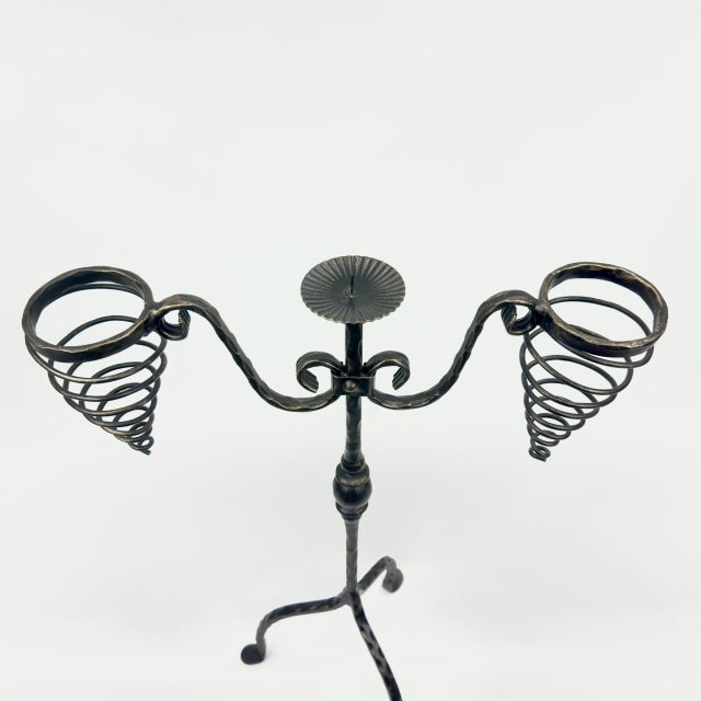 Hand Forged Iron Candelabra 26.5″ (67cm) Sculptural Spiral Single Candle Stand Antique Finish For Sale - Image 10 of 11