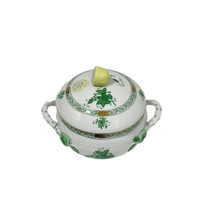Herend Porcelain "Chinese Bouquet Apponyi Green" Small/mini tureen with handles Herend Hungary porcelain small round 16 cm...