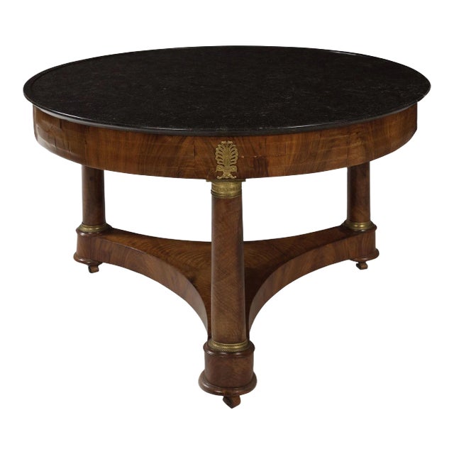 French Empire Antique Burl Walnut Center Table W/ Black Marble Top Circa 1815 For Sale