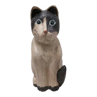 Vintage Wooden Folkloric Art Cat Figurine 14 Inch Black White Painted Distressed Cottagecore Shelf Sitter Collectible For Sale