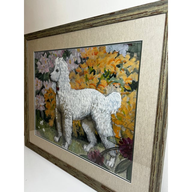 1970s Portrait Painting White Poodle Dog With Rhododendron Flowers by Charles Frederick Tunnicliffe For Sale - Image 5 of 12