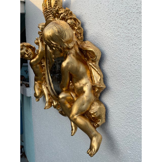 Restored Vintage 1960s Cherub Wall Mirror – Faux Gold Leaf Finish, Epoxy Resin Frame, Crown & Putti Design For Sale - Image 4 of 8