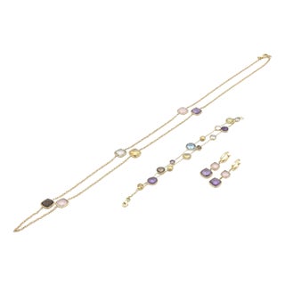 Italian Semi Precious Gemstone 14k Gold Station Necklace Earrings & Bracelet Set - 4 Pieces For Sale