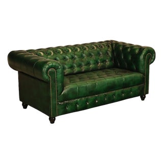 Chesterfield Style Green Leather Sofa For Sale