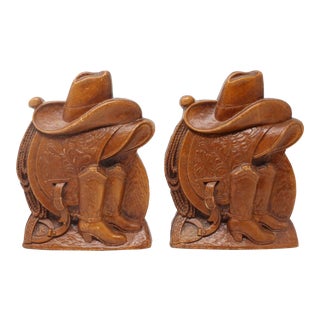 Vintage Rustic Cowboy Bookends by Syroco Wood For Sale