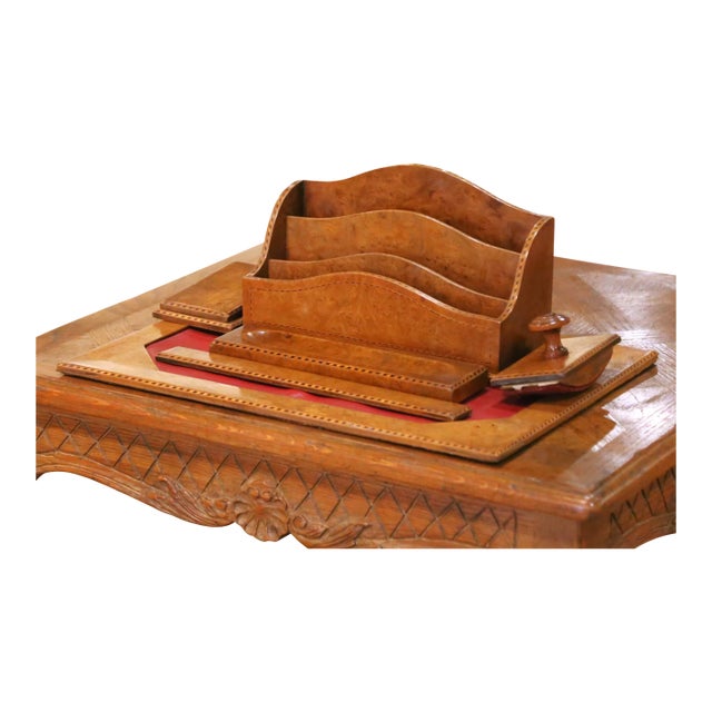 Mid-Century French Burl Wood 6-Piece Desk Set With Letter Rack and Accessories For Sale