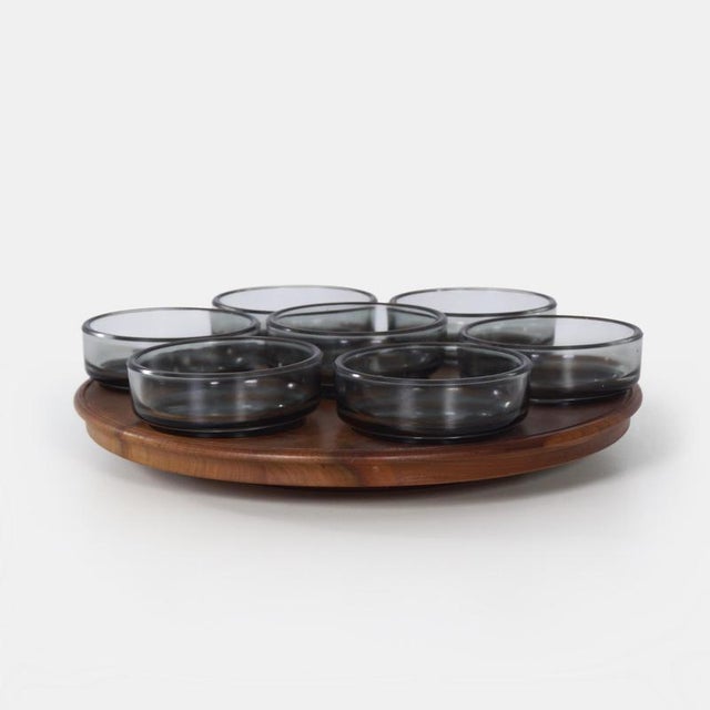 Wood Vintage Teak Lazy Susan with Glass Bowls, 1960s, Set of 8 For Sale - Image 7 of 7