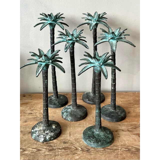 Vintage Coastal Patinated Cast Metal Palm Tree Candlesticks - Set of 6 For Sale - Image 4 of 5