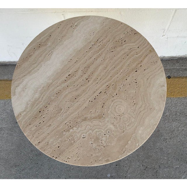 Original retail $1128, stylish Revelation Modern Travertine Pier Accent Table, antique brass neck, showroom floor sample