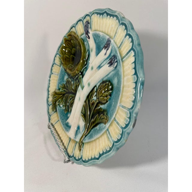 Turquoise Antique 1890s French Salins Majolica Asparagus Plate For Sale - Image 8 of 15