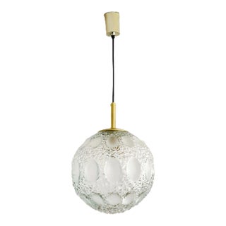 60s 70s Midcentury Modern Ball Fixture With Geometric Pattern Structured Glass Pendant Lamp by Richard Essig For Sale