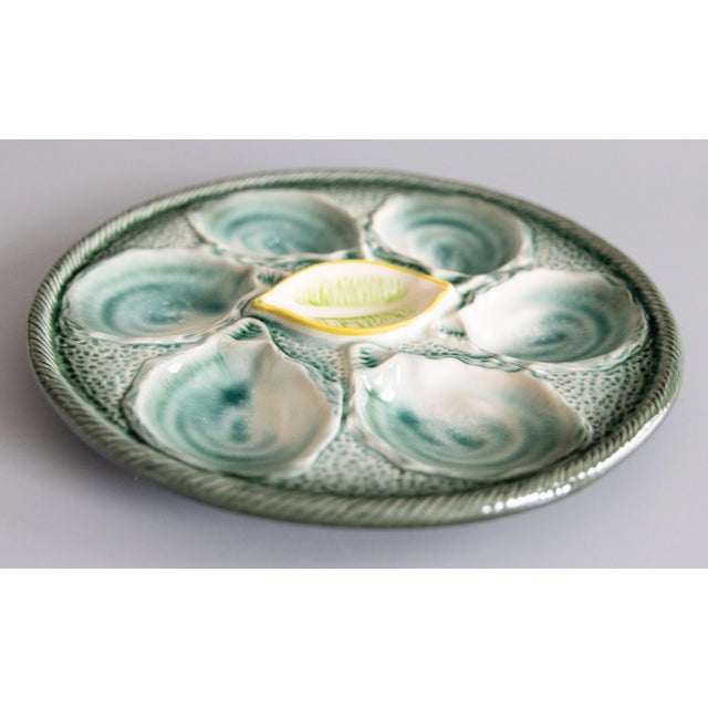 French Antique French Saint Clément Majolica Blue Green & Yellow Lemon Wedge Oyster Plate For Sale - Image 3 of 7