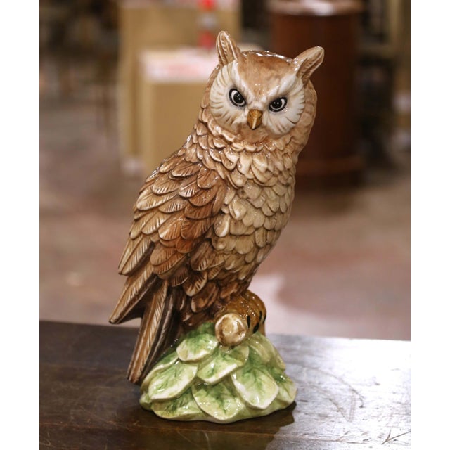 Mid 20th Century Mid 20th Century Mid-Century Italian Hand Painted Glazed Ceramic Owl Sculpture With Foliage Base For Sale - Image 5 of 9