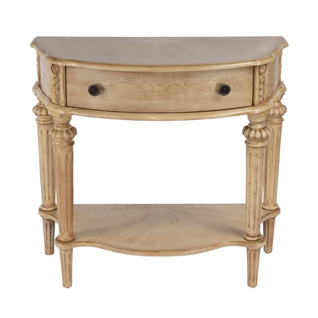 Halifax 34 in. W Demilune Wood 1 Drawer Console Table with Open Lower Shelf, Antique Beige For Sale - Image 9 of 9