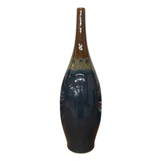 Brown and Blue Ceramic Vase with Narrow Neck For Sale