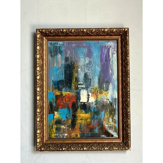 This striking original abstract oil painting is a masterful expression of color and texture, capturing a vibrant and...