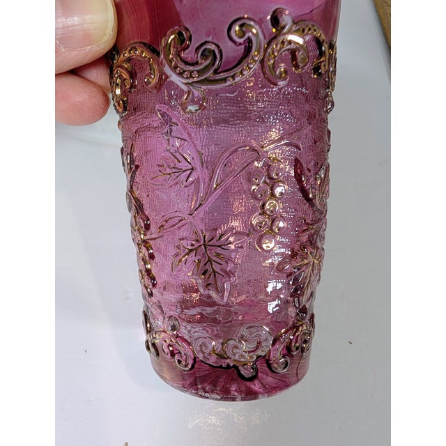 Rare Antique Harrach Jewel Cameo Glass Pitcher and Glasses, Cranberry Stain, Gold Gilt, 1900 For Sale - Image 9 of 12