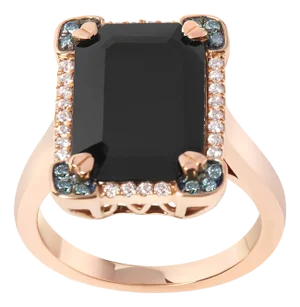 14K Rose Gold 15x10 MM Emerald-Cut Black Onyx and 1/5 Cttw Blue and White Diamond Halo Cocktail Ring (G-H Color, SI1-SI2 Clarity)- Size 7