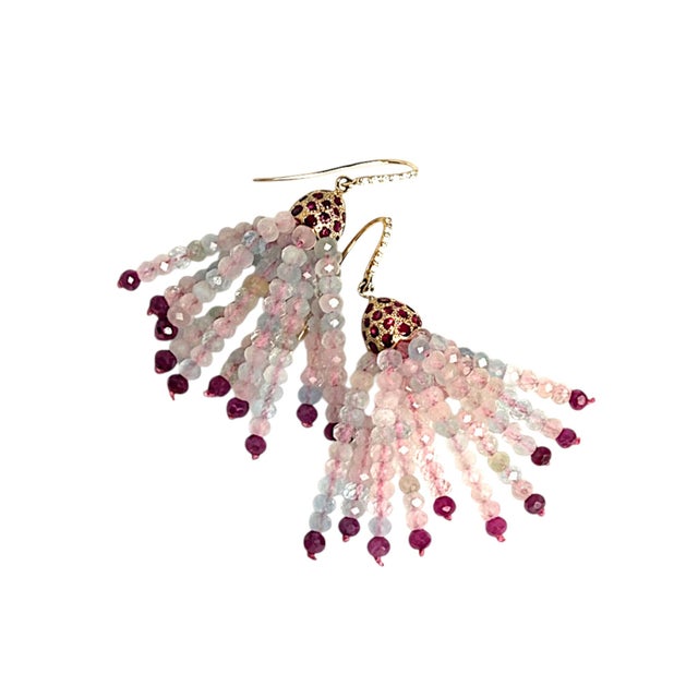 14k Yellow Gold Diamond Shepherd Hoop Drop Earrings With Ruby, Morganite & Ruby, A Pair For Sale - Image 4 of 6
