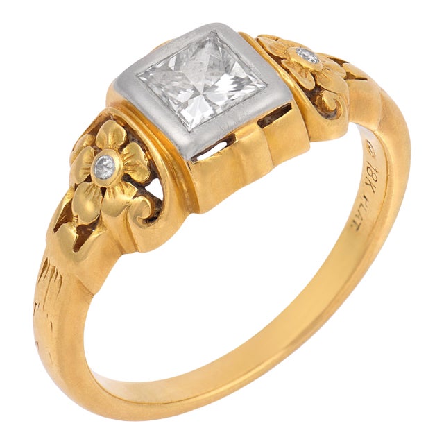 Vintage Princess Cut Diamond 18k Gold Platinum Engagement Ring, Size 6 For Sale