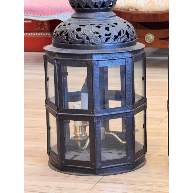 Pair of Late 19th / Early 20th Century German Pierced Metal Octagonal Lanterns For Sale - Image 9 of 11