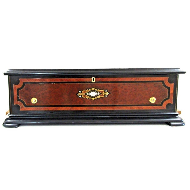 Swiss Ebonized Wood Trimmed Burl Walnut and Maple Inlaid Music Cylinder Box 1890s by Troll and Baker, Geneva The...