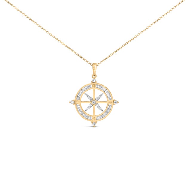 2020s 14K Yellow Gold Plated Sterling Silver 3/4 Cttw Diamond Compass Medallion Pendant Necklace For Sale - Image 5 of 5