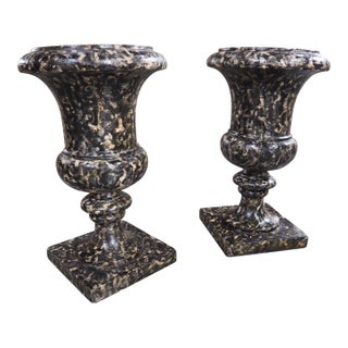 Pair of Decorative Faux Portoro Marble Wooden Campana Vases From Italy For Sale