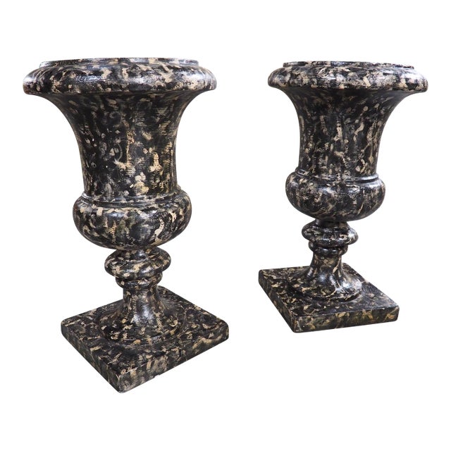 Pair of Decorative Faux Portoro Marble Wooden Campana Vases From Italy For Sale