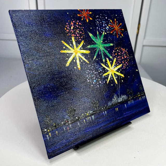 Celebrate 2 Fireworks Acrylic Painting 8"x8" Celebration Theme Wall Art Unframed For Sale - Image 4 of 7