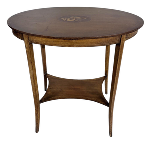 Antique Edwardian Oval Side Table in Wood with Inlay and Tapered Legs