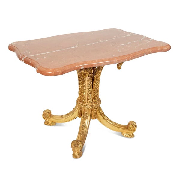 Regency Style Giltwood Sienna Marble Top Side or Breakfast Table Height 31 1/4 x width 44 1/2 x depth 29 1/4 inches.