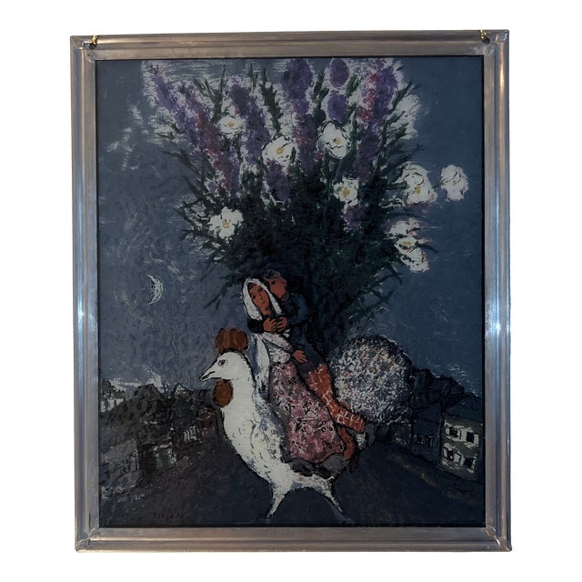1960s Window Panel Stained Glass by Boston Glass Masters Marc Shagall Wedding Couple Riding White Rooster, Framed For Sale