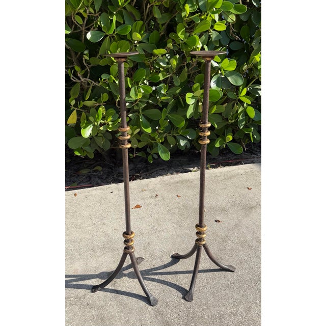 Metal Vintage 30” Sculptural Iron Candlesticks With Aged Patina, Pair For Sale - Image 7 of 12