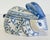 Vintage blue and white Asian motif bunny rabbit lidded ceramic box. Features wonderful hand-painted floral and Greek key...