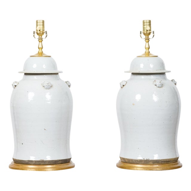 Pair of White Porcelain Lidded Urns Table Lamps on Gilt Bases, US-Wired For Sale