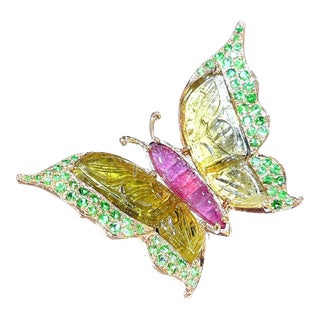 Bochic “Orient” Carved Tourmaline & Tsavorite Ring Set in 18k Gold & Silver Size 6 For Sale