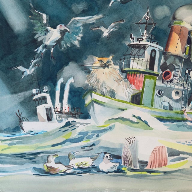 'Out at Sea', Children's Animal Adventure Fantasy Seascape, Cat and Seagulls For Sale - Image 4 of 10
