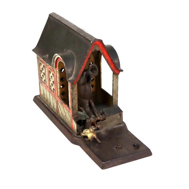 Folk Art Antique Panted Cast Iron Figural Mule & Barn Mechanical Bank C1880 For Sale - Image 3 of 6