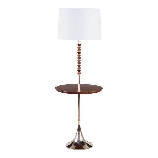 Walnut & Brass Floor Table Lamp For Sale