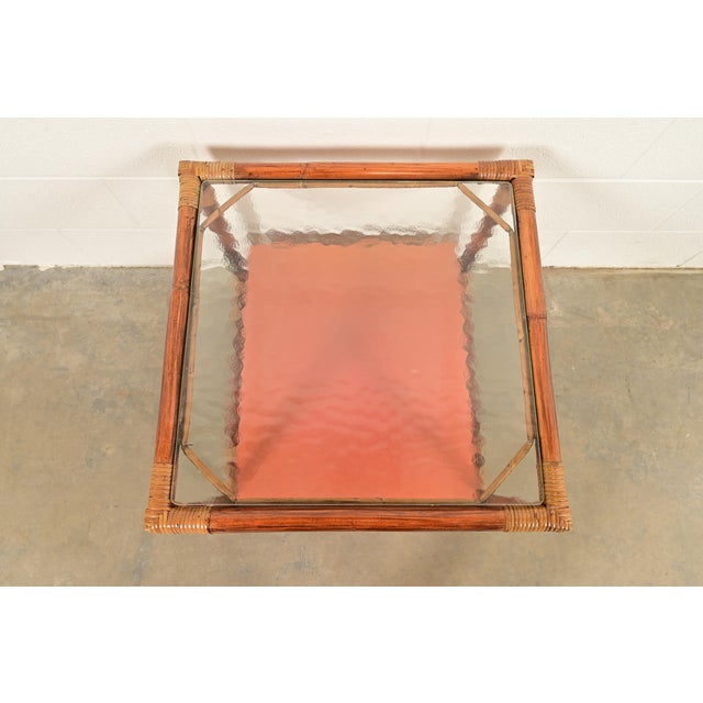 Brown John Wisner for Ficks Reed Mid-Century Hollywood Regency Bamboo Rattan Glass Top Side Table, 1950s For Sale - Image 8 of 12