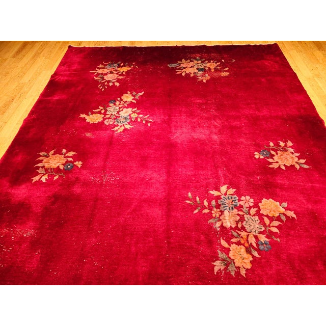 Antique Chinese Art Deco Rug, Hand-Knotted Wool, Crimson Floral Design, 10x14 For Sale - Image 16 of 18