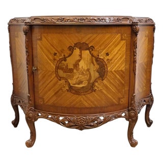 Vintage Antique Banded Walnut French Louis XV Rococo Style 42" Carved Console W. Pastoral Inlay For Sale