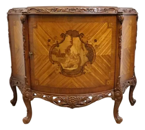 Vintage Antique Banded Walnut French Louis XV Rococo Style 42" Carved Console W. Pastoral Inlay
